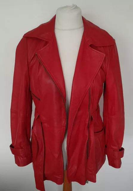 LAKELAND - REAL LEATHER Belted Jacket Coat RED Butter Soft Size 10 - STUNNING 3