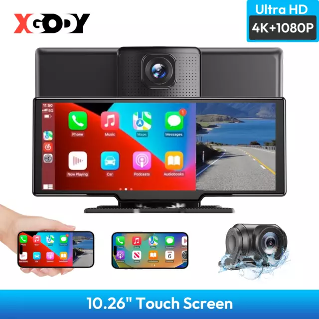 XGODY 10.26" 4.0K Dual Car Recorder Dash Cam Touch Wireless CarPlay Android Auto