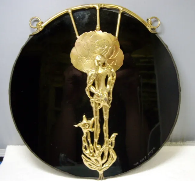 Black Glass Modernist Signed Hand Forged Brass Figural Hanging Wall Plaque