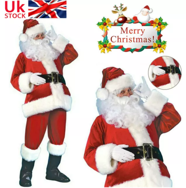 7Pcs Santa Claus Costume Father Outfit Christmas Flannel Suit Mens Fancy Dress