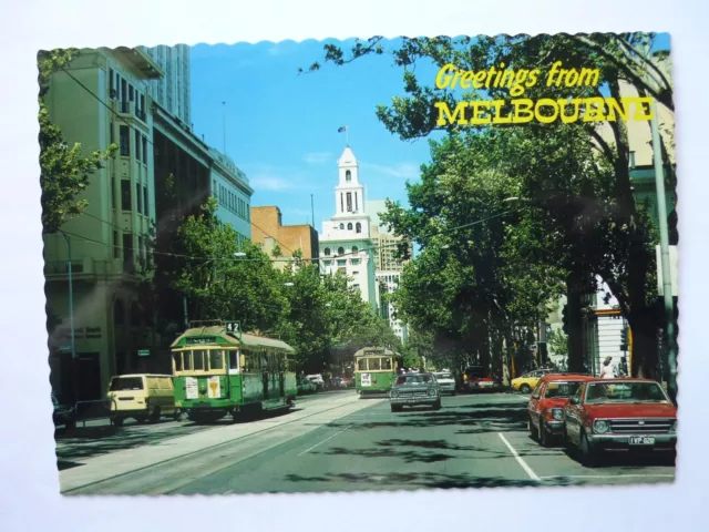 1980's POSTCARD MELBOURNE VIC COLLINS STREET TRAMS CARS CITY VIEW TREES ETC. 418