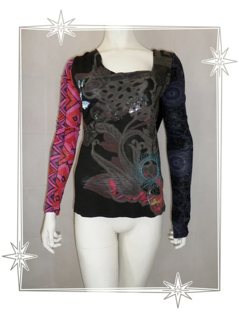 T-shirt Long Noir Desigual Avec Perles Et Paillettes - Taille M - Occasion Très Bon état