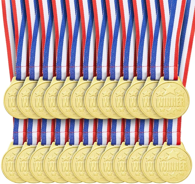 24 Pack Gold 1.5 Inch Winner Medals for All Ages, Participation Awards with 15.3
