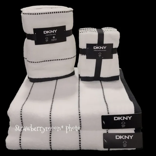 8Pc DKNY White Black Dot Pin Stripes Bath Hand Washcloth Towel Set New