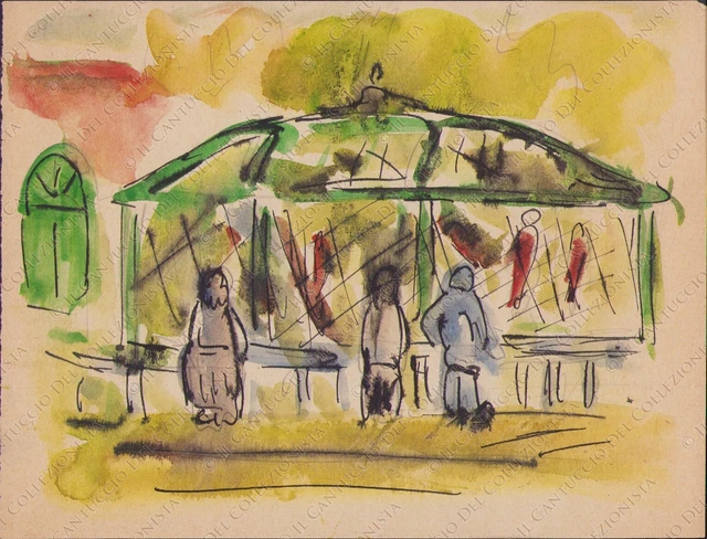 Disegno panchina pensilina fermata tram Acquerello