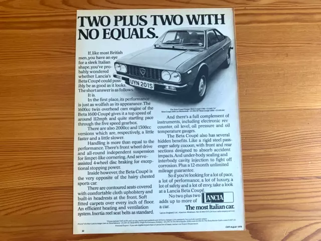 V. RARE Modern Classic LANCIA BETA COUPE FRAMEABLE CAR ADVERT WALL ART man cave