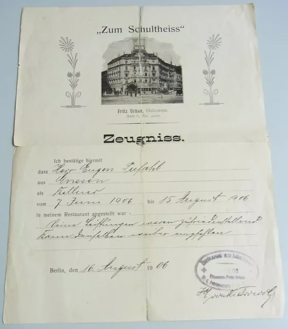 RESTAURANT "Zum Schultheiss" BERLIN (Inh. Fritz Urban): ZEUGNIS 1906 für KELLNER