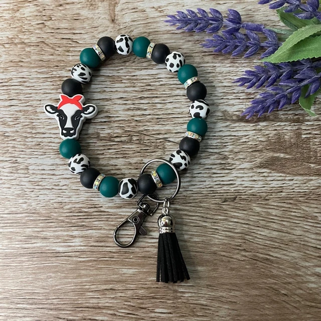 Wristlet Keychain Silicone Cow Green Beaded Handmade Bracelet Gift Custom Key Wristlet Keychain Silicone Cow Green Beaded Handmade Bracelet Gift Custom Key