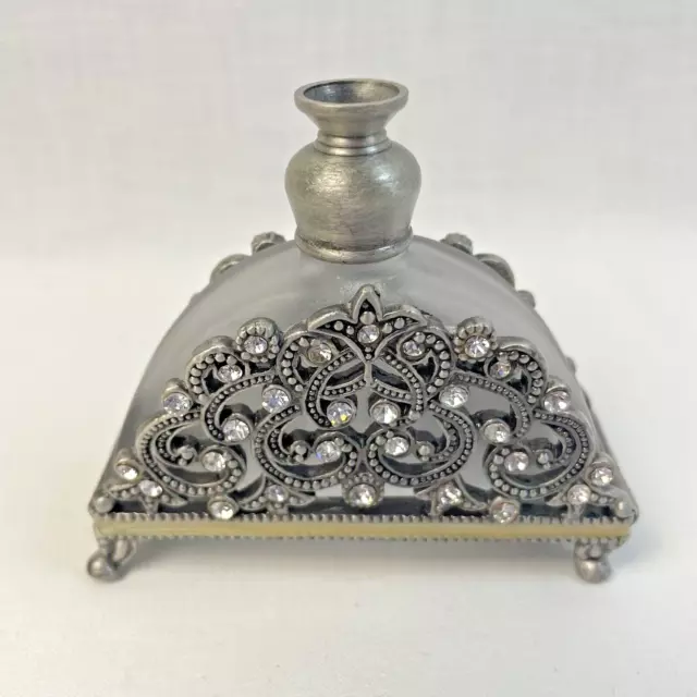 Frosted Glass Pewter Filigree Jewelled Perfume Bottle Vanity