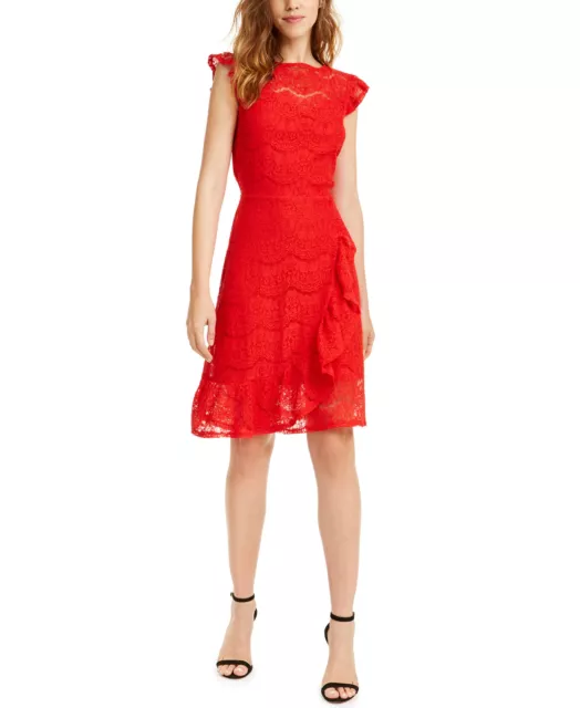 Monteau Women's Petite Ruffled Lace Dress (Petite Medium, Red)