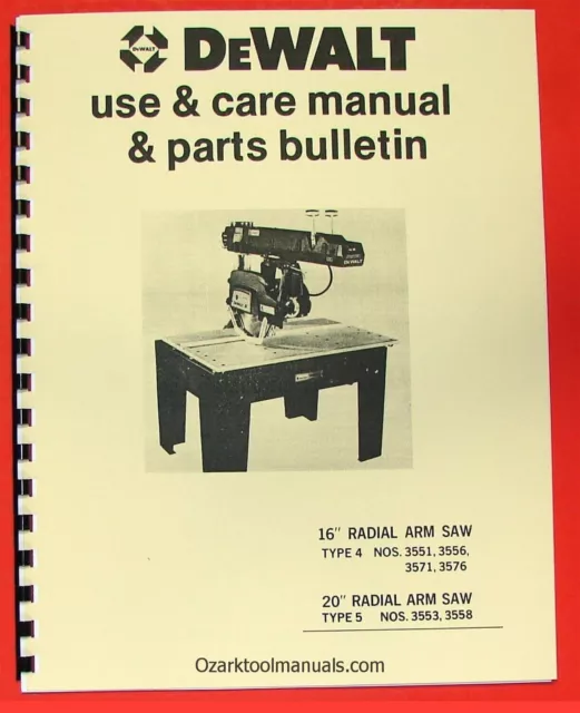 DEWALT 16"  20" Radial Arm Saw Owners Instructions & Parts Manual 0962