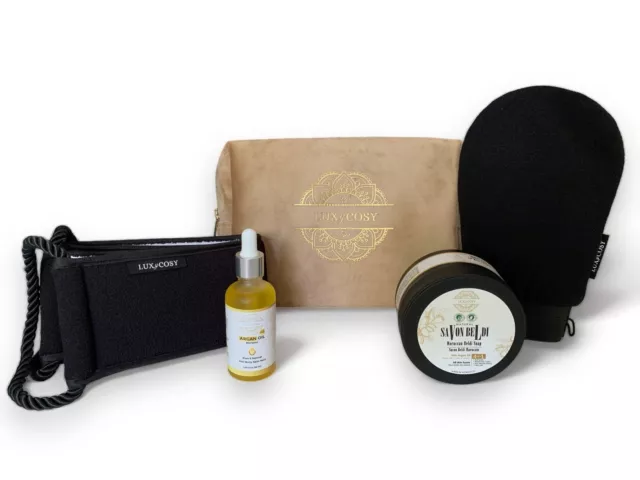 Trousse beige CADEAU FEMME gommage corps savon noir huile d’argan gant exfoliant