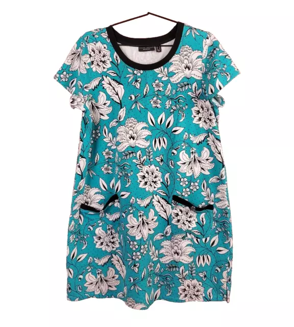 Susan Graver Weekend Short Sleeve Printed French Terry Dress Pockets Teal Floral