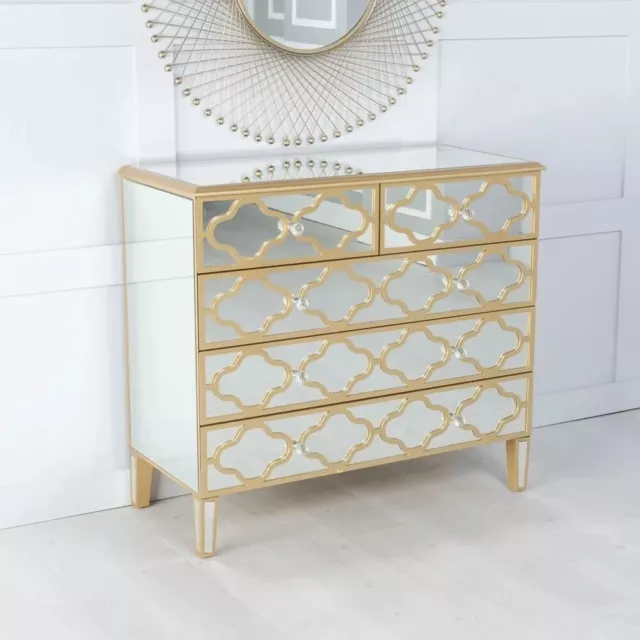 Mirrored 3+2 Drawer Chest with Gold Trim - 100cm Wide for Bedroom