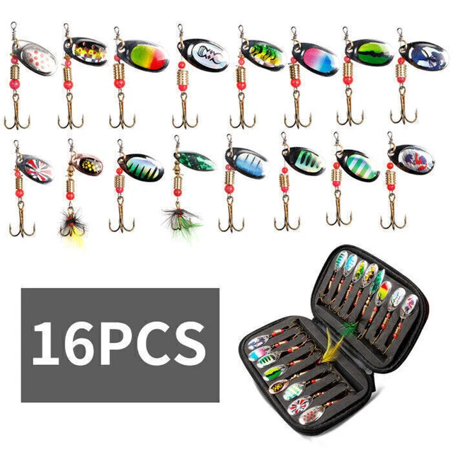 16 Stück Spinner Angelzubehör Angeln Set Mini Wobbler Kunstköder blinker Haken A
