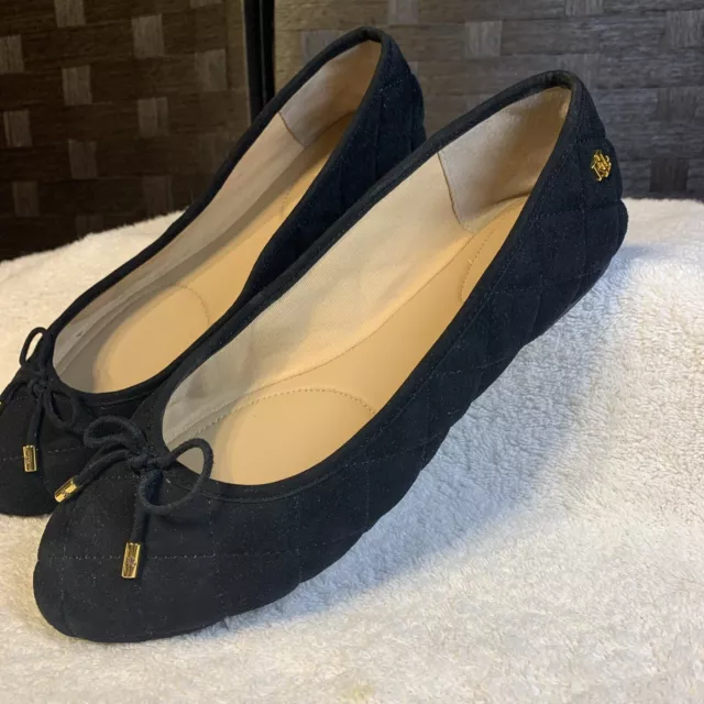 Ralph Lauren Womens Jayna Quilted Suede Ballet Flats Sz 9 Bow Logo Black