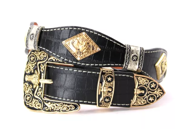 West Belt Black Silver Rooster Gold Concho Crocodile Pants 34 Cinto Vaquero