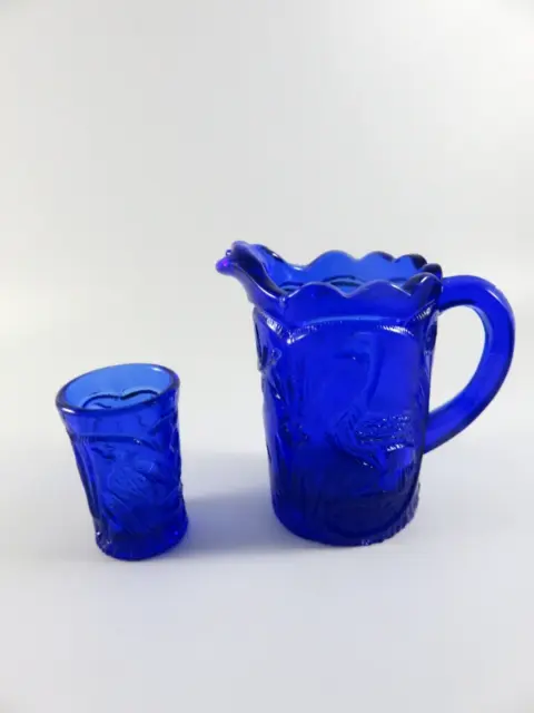 Vintage, Cobalt Blue 2 Piece set Small Peacock Water Pitcher. 3.5" Tall & Glass