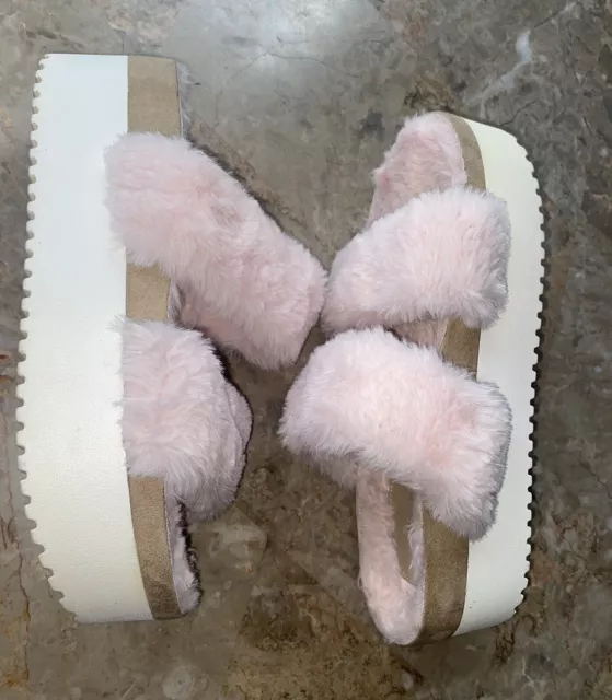 Madden Girl Sandals Womens Sz.9 Strap Slide Platform Comfort Pink Fur Lace Up