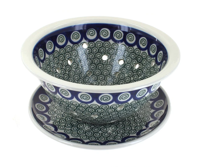 Blue Rose Polish Pottery Peacock Swirl Berry Bowl & Plate