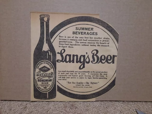 1909 Langs Bohemian Beer Newspaper Ad Gerhard Long Brewery Buffalo New York