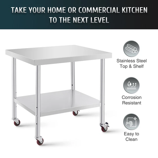 Stainless Steel Work Table Prep Table w Shelf Wheels for Restaurant Bar 36x30 in