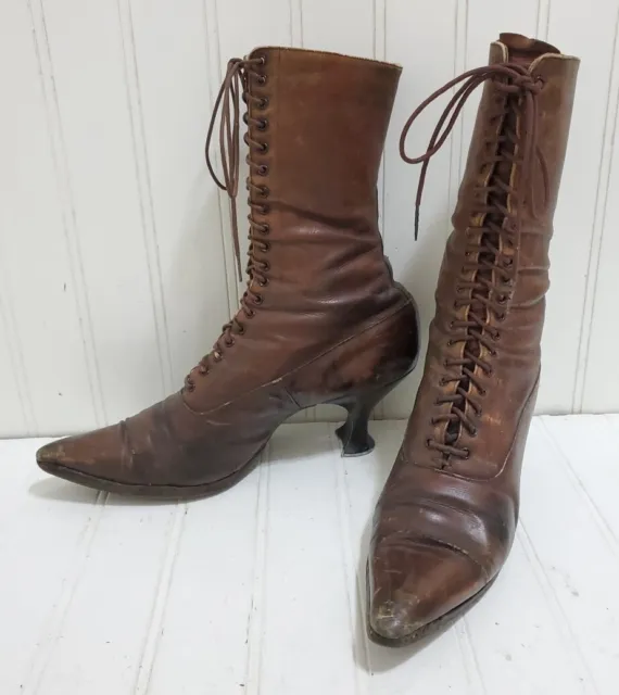 Antique Edwardian Brown Leather Boots High Top Lace-up Victorian High Heel Shoes