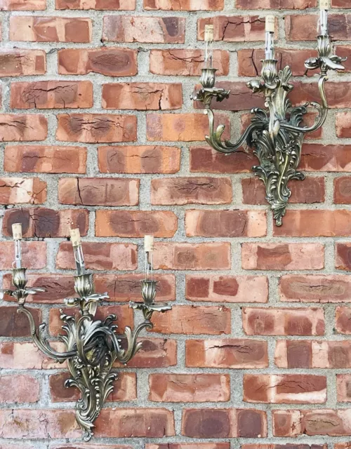 Circa 1900 Silver Gilt Bronze French Rococo Three Candle Wall Sconces. Wired