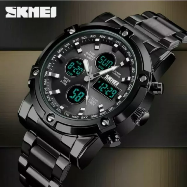 Herren Multifunktion Digital Quarz Edelstahl Armbanduhr mit Geschenkbox UK