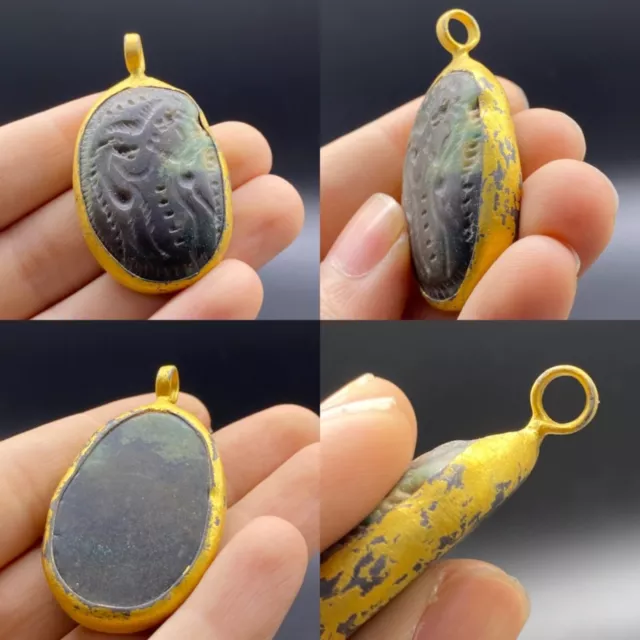 Beautiful Late Medieval Islamic Gold Gilded Ottomans Pendant With Stone #A651