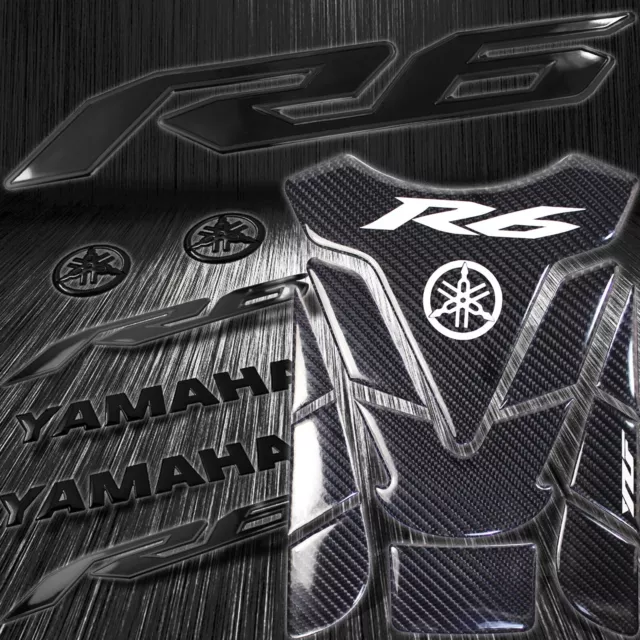 Real Carbon Fiber Tank Pad+8" 3D Logo+2-Tone Glossy Black YZF-R6/R6S Sticker Kit