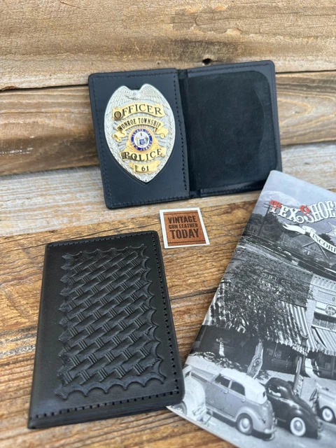 Vintage Tex Shoemaker Black Basket Leather Badge 1 ID Holder 3 1/8 x 2 1/4"