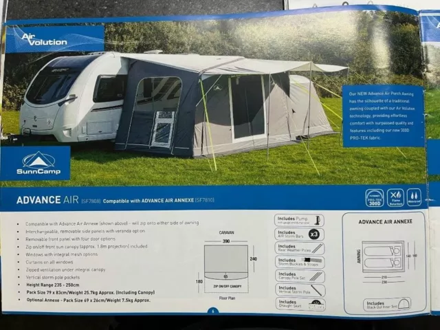 Used Sunncamp Advance Air 390 + Canopy Inflatable Blow Up Caravan Porch Awning