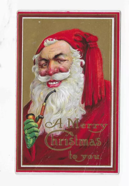 Vintage Christmas Postcard * Grumpy Santa With Pipe