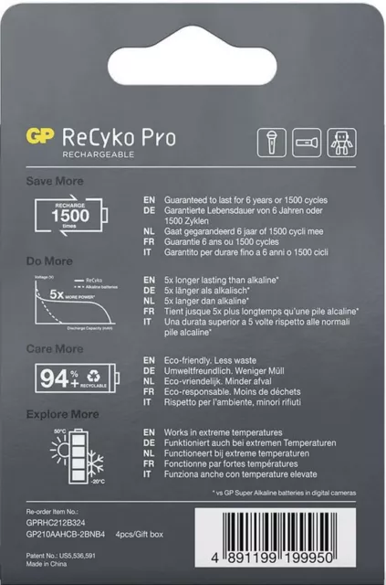 4er-Pack GP ReCyKo+ Pro Black Professional Ready2Use Akku AA Mignon NiMH 2000mAH 2