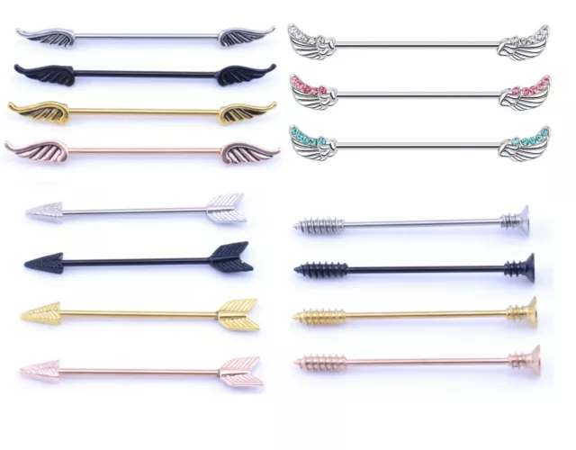 Industrial Scaffold Ear Piercing Bar Barbell ARROW, SCREW & ANGEL WINGS