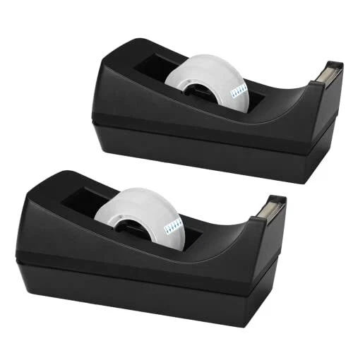2 Pack Tape Dispenser Desk with Transparent Tapes, 1 in Core, Black