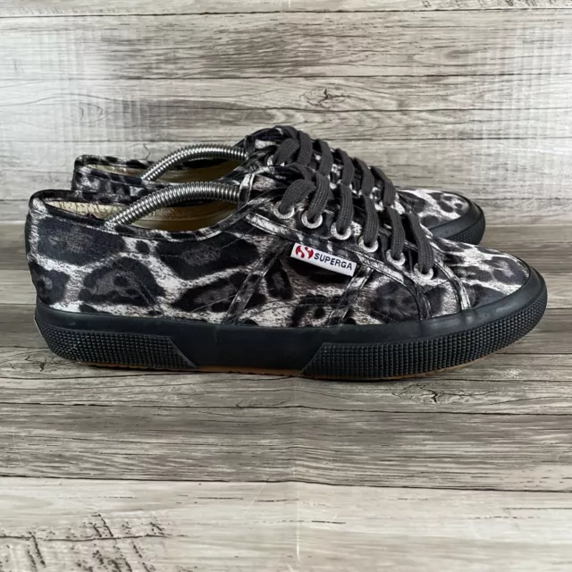 Superga Sneakers Womens 8 Black Leopard Satin Low Top Lace Up Shoes S009KW0