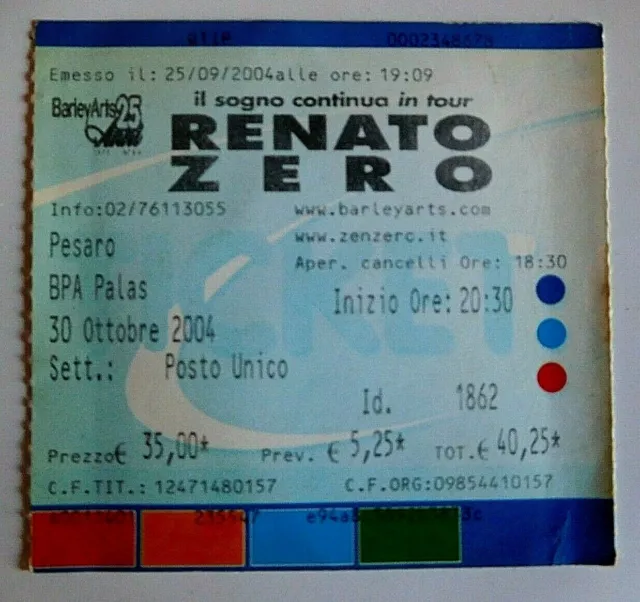 Renato Zero biglietto concerto Pesaro 30 ottobre 2004
