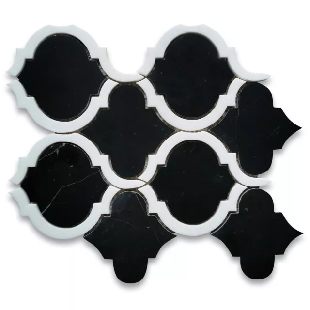 N89AXH Nero Marquina Black Marble Waterjet Arabesque Lantern Tile White Honed