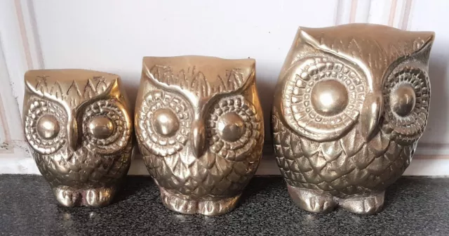 Beautiful Set 3 Brass Owls Statue/Figure.H-7.5/6.5/5.5cm,W-430g.Superb Ornaments