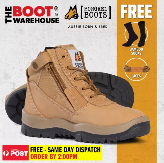 Mongrel 261050 Work Boots. Steel Toe Safety.  Wheat Zip-Sider,  PRESS STUD CLIP!