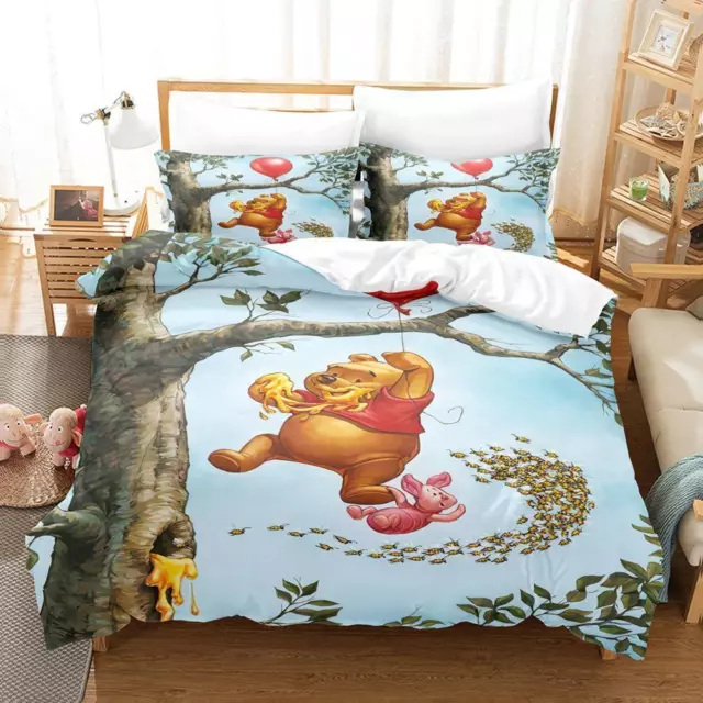 Winnie Pooh Bedding Set 3Pcs Quilt Duvet Cover Single Double King Size UK