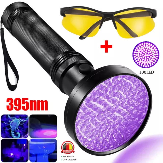 UV Taschenlampe Schwarzlicht 100 LED Taschenlicht 395nm Mit Bernstein Goggles