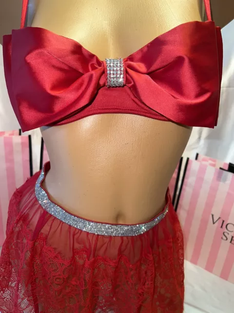 Victorias Secret Dream Angels Bra Red Satin Bow Bling Garter Skirt 34D M/L 2