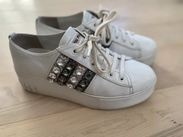 MIU MIU White Leather Platform Sneakers with Crystal Stripes 38.5