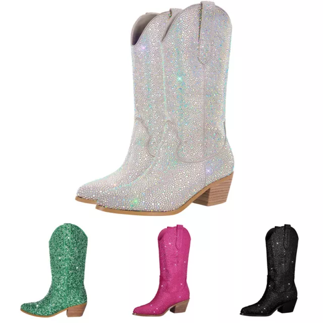 Women's Fashion Rhinestone Mid-calf Chunky Western Boots Glitter Mid Calf Boots