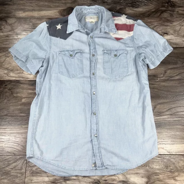 Denim & Supply Ralph Lauren Western Rodeo Blue Shirt Pearl Snap USA Flag Mens M