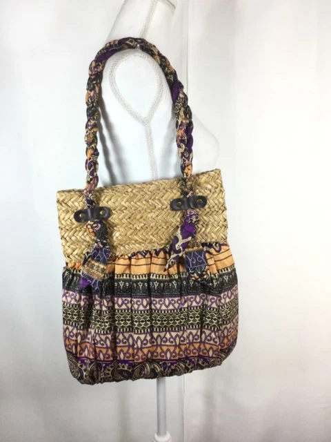 SUN N SAND Raffia Straw and Fabric Boho Hippie Style Shoulder Bag Purse