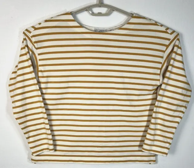 Petit Bateau Womens Size 2 = Medium Beige Striped Cotton 3/4 Sleeve Breton Shirt